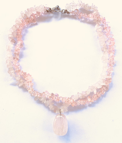 2 Strand Rose Quartz Chip Pendant Necklace 2 Tone Pink Natural Stone 16” - Picture 1 of 4