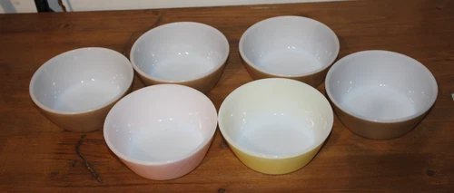Vintage Federal white glass Bowls set of 6 multicolor 4 Brown 1 Pink 1 Yellow