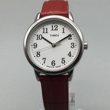 Timex Watch Women TW2P68700 30mm Silver Tone Red Leather Band New Battery