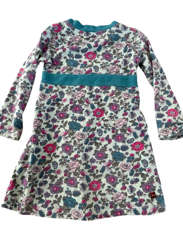 Vestido para niñas Tea Collection talla 3 100 % algodón verde azulado floral manga larga Foto 3 de 4