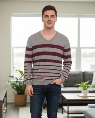 SMOG Men's Slim Fit Gray & Maroon Striped Sweater, XL