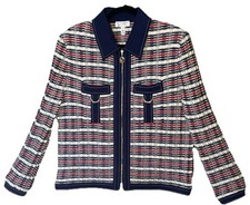 St. John Sport Tweed Sweater Jacket Navy Red White Gold Hardware Full Zip Large