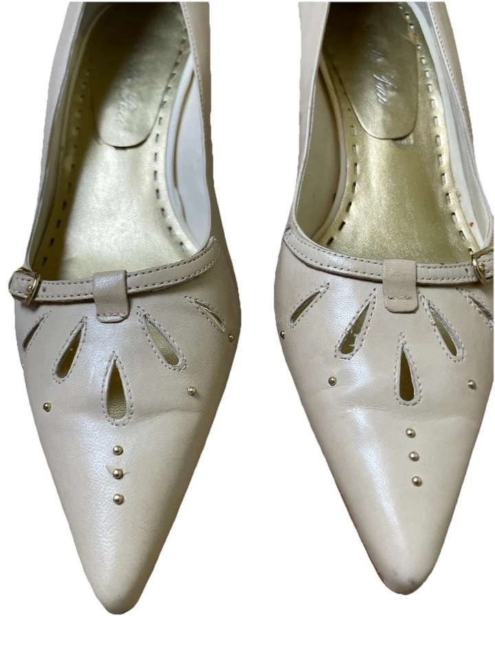 Marcello Paci Leather High Heel Pumps 7M Beige Pointed Toe Studs Formal Career - Image 2 of 4