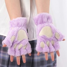 Women Plush Cat Claw Bear Paw Gloves Warm Winter Half Finger Cartoon Mittens