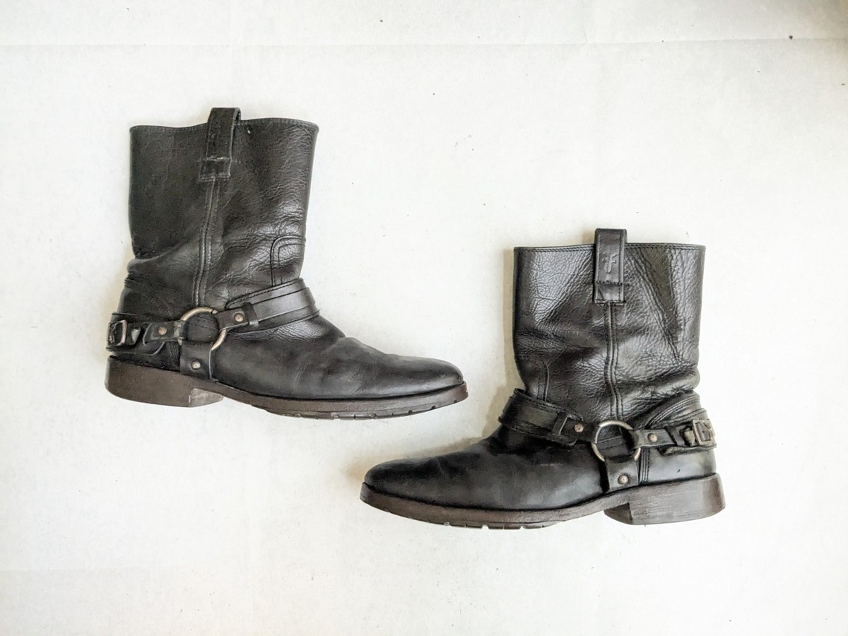 Frye Harness Boots Black Leather Men 9.5 D Buckle Rubber 