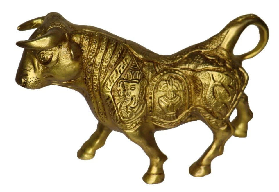 Lord Ganesha & Buddha Engraved Bull Pair Figure Handmade Brass Home Decor Statue - Image 4 of 4