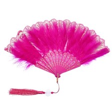 Embroidered Flower Marabou Feather Fan for Costume Party, Rose Red