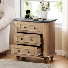 Nightstand with Charging Station, Farmhouse Bedside Table with 3 Drawers, Wood N