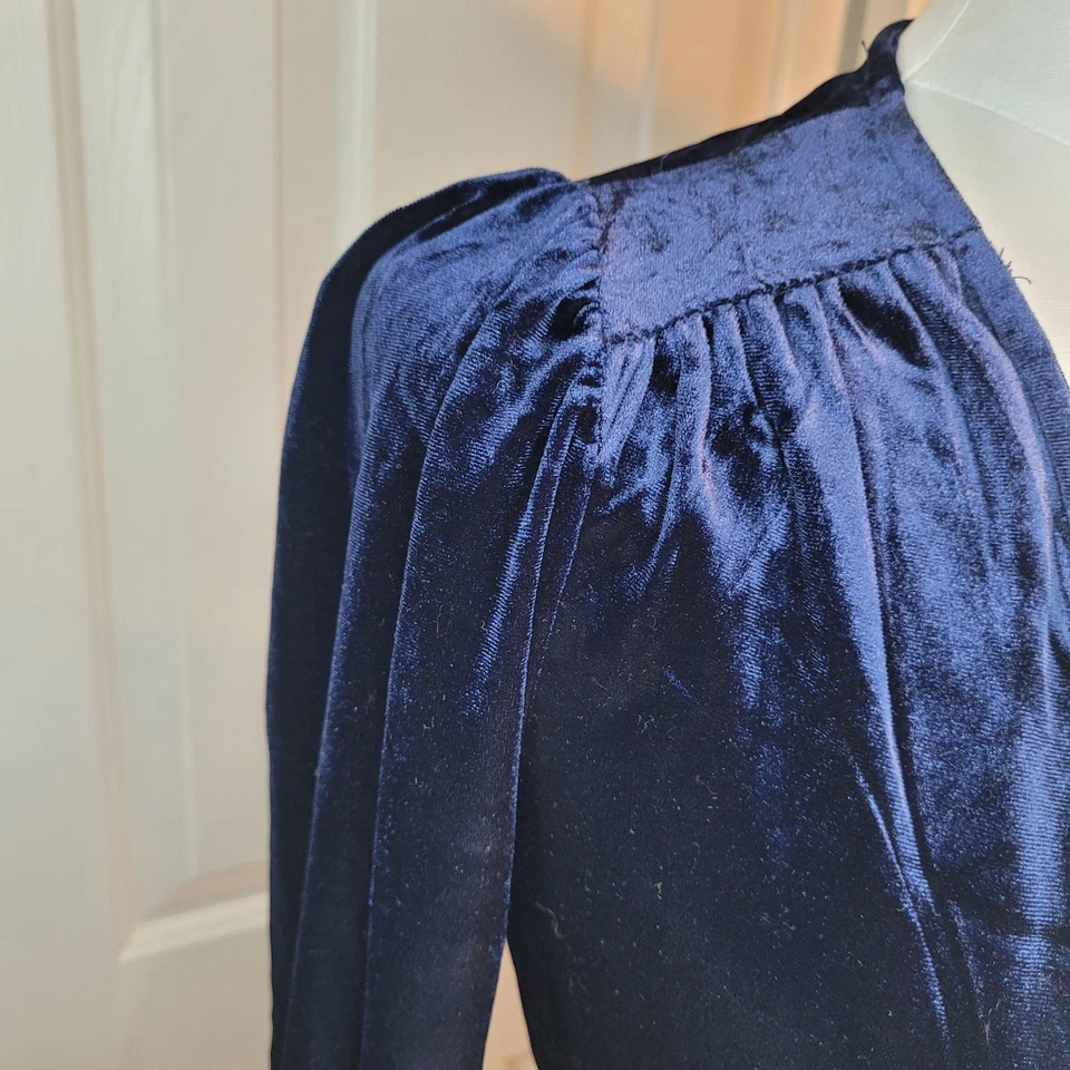 Wrap Dress Size M Velvet Whimsigoth Navy Blue Smocked Long Sleeve V-Neck Stretch - Image 3 of 4