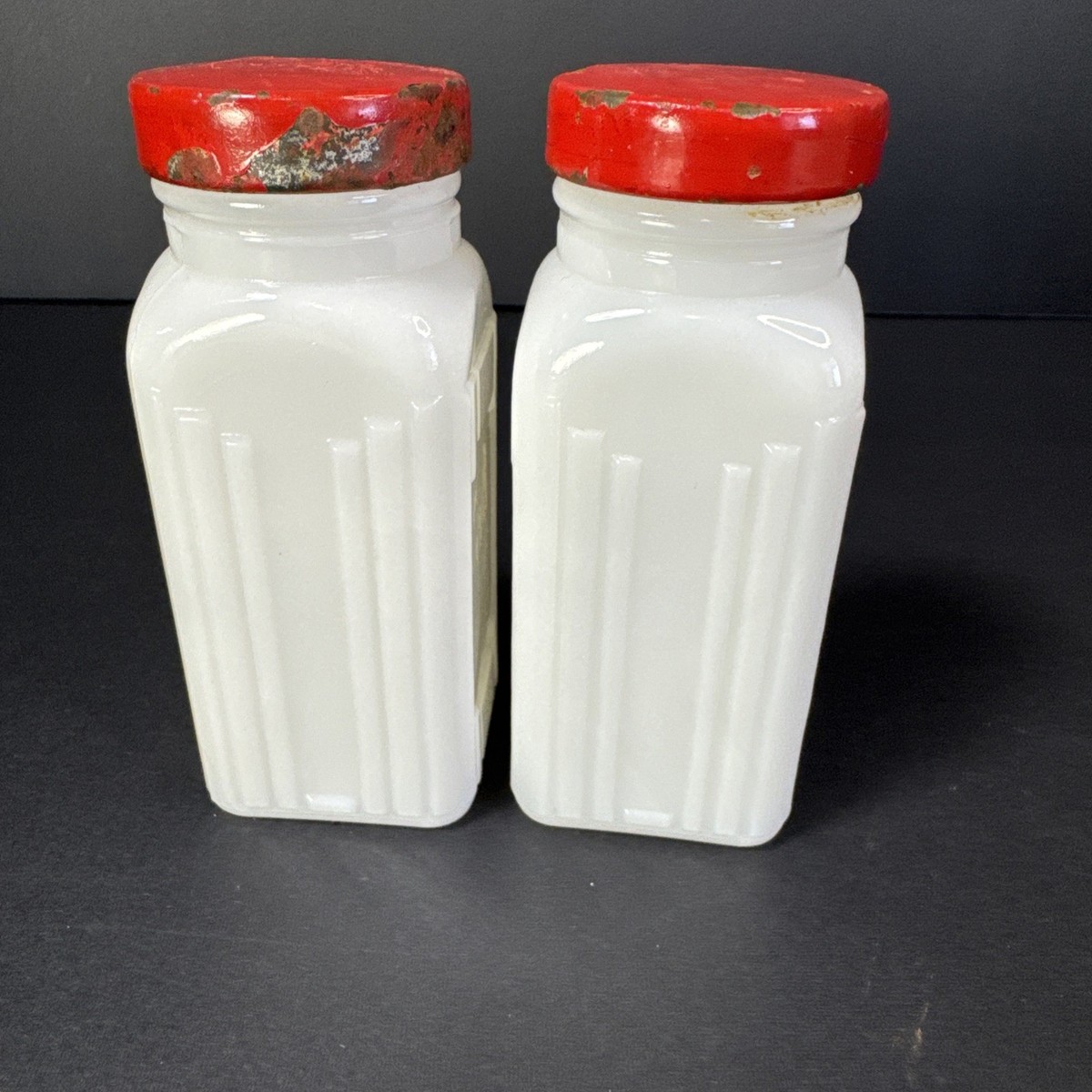 Vintage Griffith 1950s Milk Glass Spice Jars Red Lids Art Deco Set