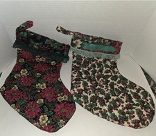 2- Vintage Handmade Christmas Stocking Holiday Holly  Poinsettia Retro