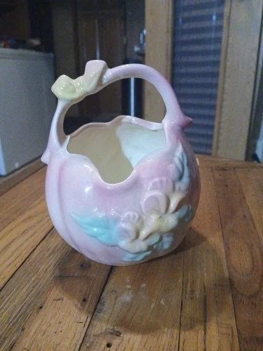 Hull Pottery Sunglow Basket 84 Vintage 1950s Pink Yellow Floral Butterfly