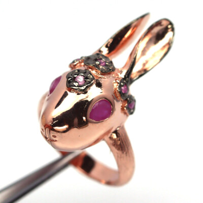 Gemstone Red Ruby & Pink Sapphire Rabbit Jewelry Ring 925 Silver Size 6.5
