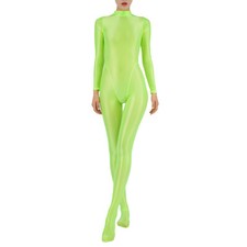 UK Women Oil Shiny Glossy Bodystocking Hollow Out Long Sleeve Bodysuit Catsuit
