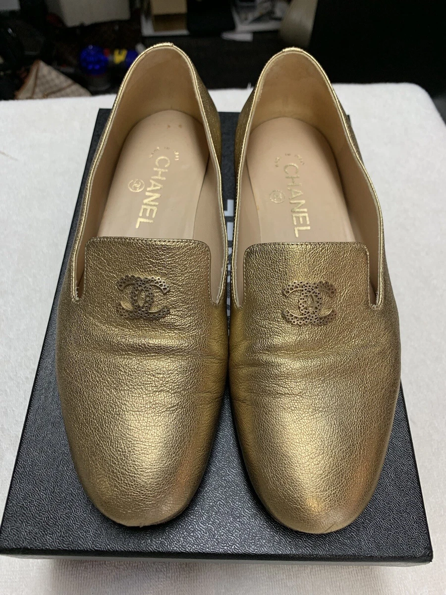 CHANEL CC Metallic Gold Calfskin Loafers Shoes (Size 37.5)