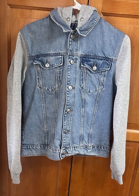 Divided Women s Small Button Up  Jean Jacket With Gray Sweat Sleeves & Hood