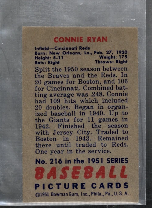 B4589- 1951 Bowman #216 Connie Ryan RC - EX-MT (AS PICTURED) - Image 2 of 2