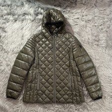 Noize Stella Vegan Hooded Quilted Lightweight Puffer Jacket Olive Green Size L