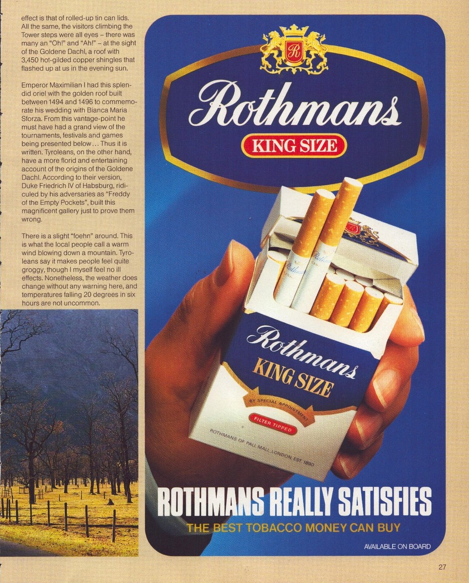 1985 Rothman's Cigarettes Print Ad King Size Really Satisfies
