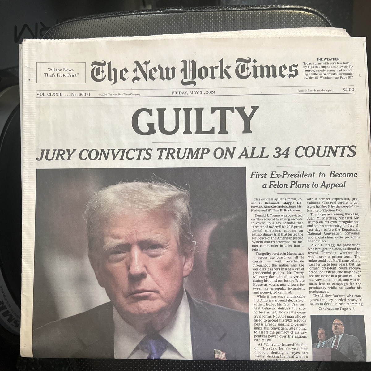 sk　「僕の夢はカーボーイ」　「TRUMP」　「Newspaper」 New York NY Times Newspaper, NY edition, TRUMP GUILTY 34 COUNTS