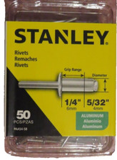 Stanley Aluminum Pop RIvets 5/32" Dia. 1/4" Grip range Blind Pack of 50 NEW