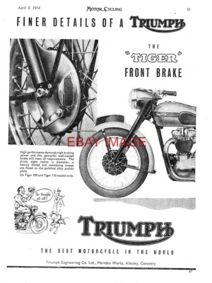 Werbung für Triumph ''Tiger'' Motorrad Vorderradbremse von 1954 Originaldruckanzeige 730G