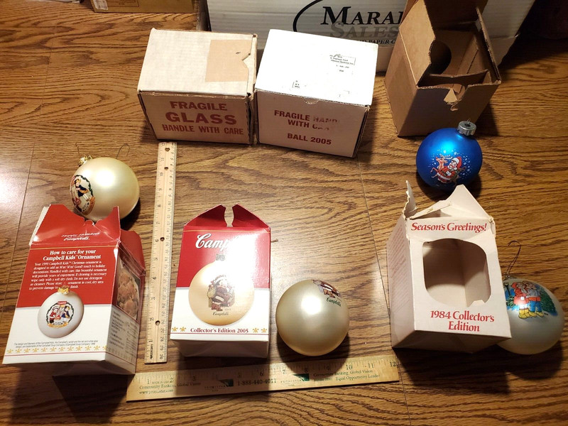 LOT of 4 VINTAGE Campbell's Soup Christmas Glass Ball Ornaments w/ original box