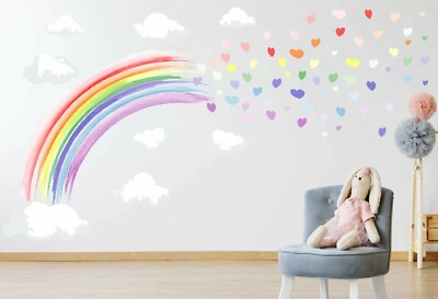 PASTELL AQUARELL Regenbogen & Herzen Wandaufkleber Aufkleber Kunst Deko Mädchen Schlafzimmer
