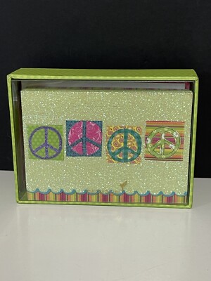 Papyrus 14 Blank Cards W/Envelopes Peace Sign With Glittery Green And Pink (T25)