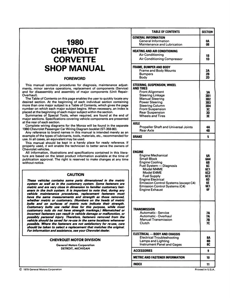 Chevrolet Corvette 1980 manual de taller Foto 2 de 3