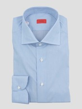 NEW ISAIA LIGHT BLUE WHITE COTTON SHIRT US 17.5 - EU 44 2IS25