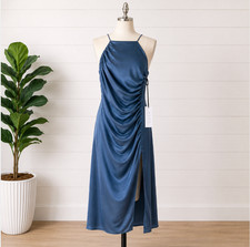ASTR The Label Women’s Ruched Satin Halter Maxi Dress Steel Blue Size M NWT