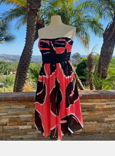 womens strapless midi dress fit & flare abstract pink black white pleated