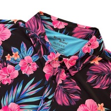 Birdie Bound Mens XL Golf Polo Shirt Tropical Floral Hibiscus Palm Print Black