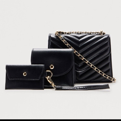 Black Chevron Quilted Crossbody Bag Gold Chain Strap, Coin Purse, Magnetic