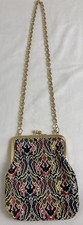 Vintage Embroidered Needlepoint Style Shoulder Bag Floral Kiss Lock Japan