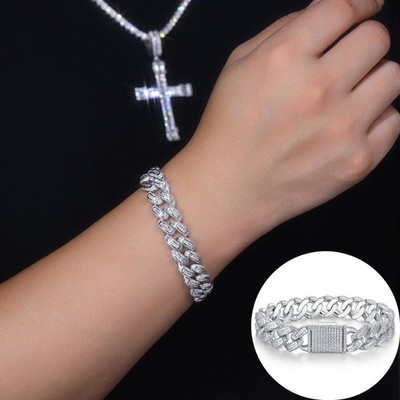 14MM Moissanite Miami Cuban Curb Prong Chain Bracelet Passes Tester! 925 Silver