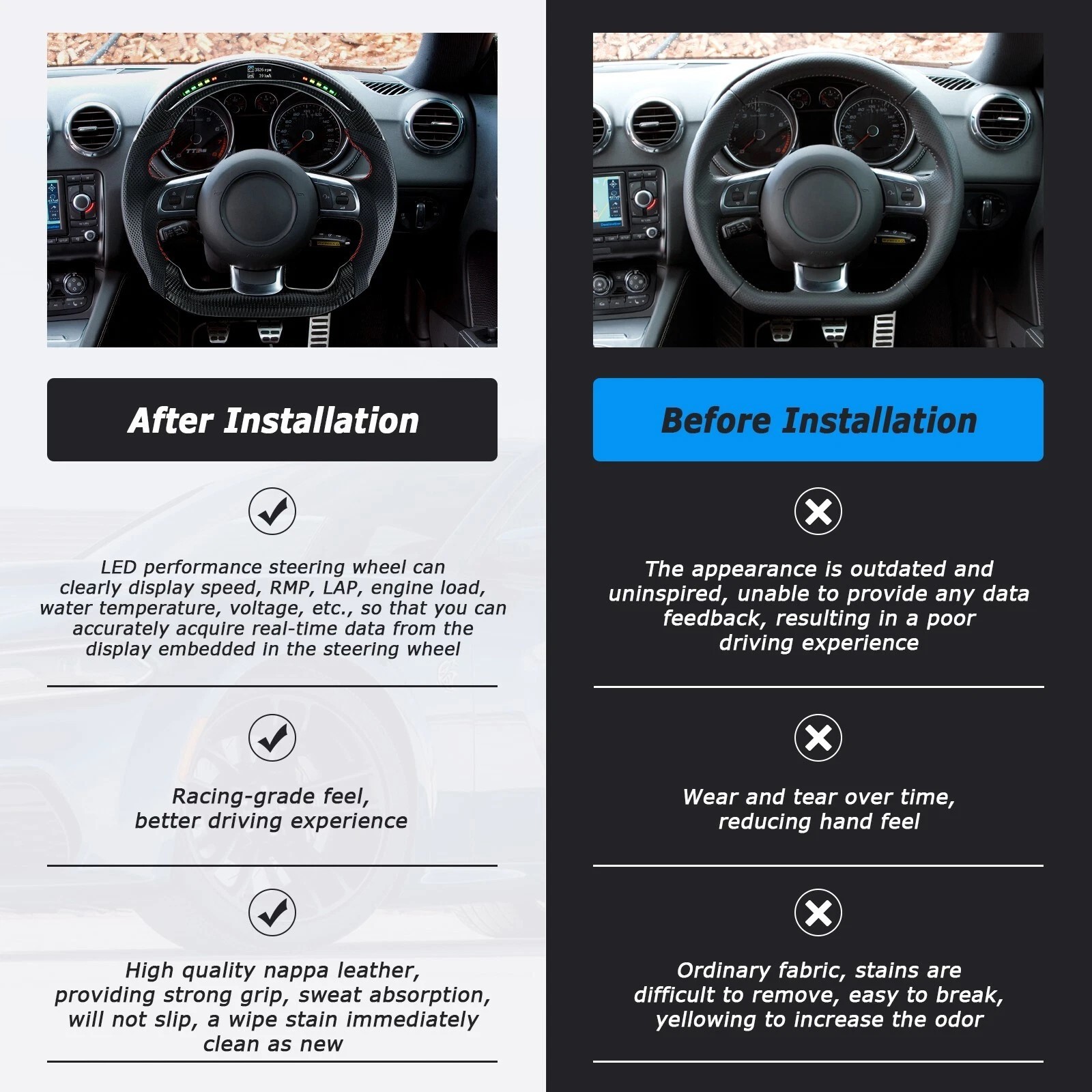 Real Carbon Fiber LED Steering Wheel Flat For Audi R8 TT TTS RS3 TTRS RS6 2008+