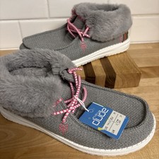 NWT Hey Dude Britt Youth Boho Fluo Grey Pink Fur Slip On Boot Shoes Girls Y4 L5