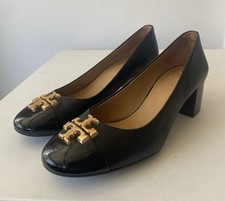 TORY BURCH Everly Black Leather Block Heels Cap Toe Gold Logos Women’s Size 6.5