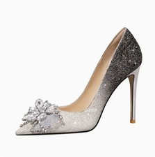 Womens Chic Sequin Pointy Toe Diamante Bowtie High Heel Pump Banquet Shoes