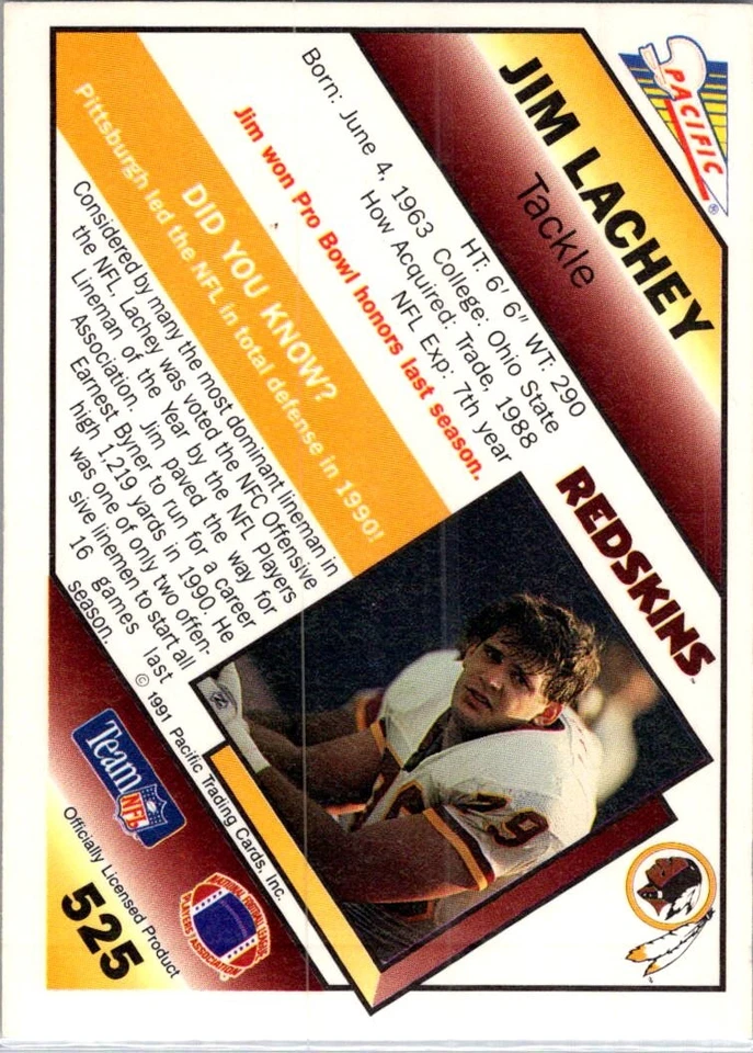 1991 Pacific Jim Lachey #525 Washington Redskins - Image 2 of 2