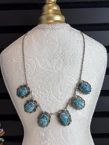 Vintage Blue Scarab Beetle Necklace with Silver-Tone Chain