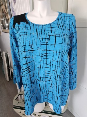 Ali Miles 1X Tunic Top Turquoise Blue Black Crackle Textured Button Shoulder