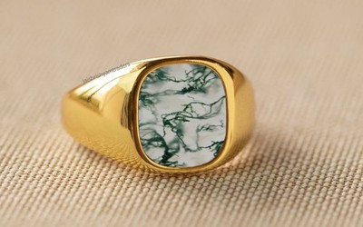 925 Sterling Silver Gold Vermeil Moss Agate Gemstone Signet Ring For Men