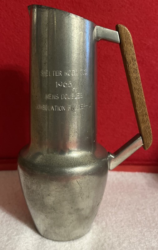 VTG. Bauhaus-Style Pewter Jug With Wooden Handle & “Men’s Doubles 1965” Engraved
