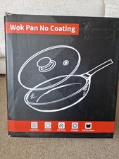 Wok Pan With Glass Lid And Wooden Handle Carbon Steel No Coating 32 Cm