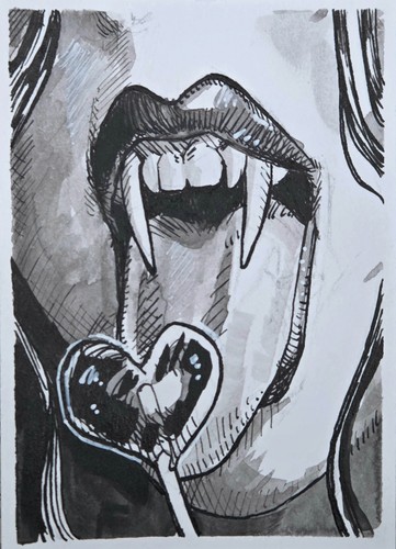 ACEO Original Ink Painting "INKTOBER, 5 - SMACK" Signed, 3.5" x 2.5"