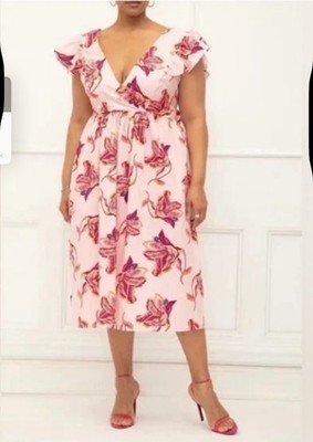 ELOQUII ELEMENTS PLUS Surplice Pink Floral Ruffle Sleeves Midi Dress Size 18 NWT