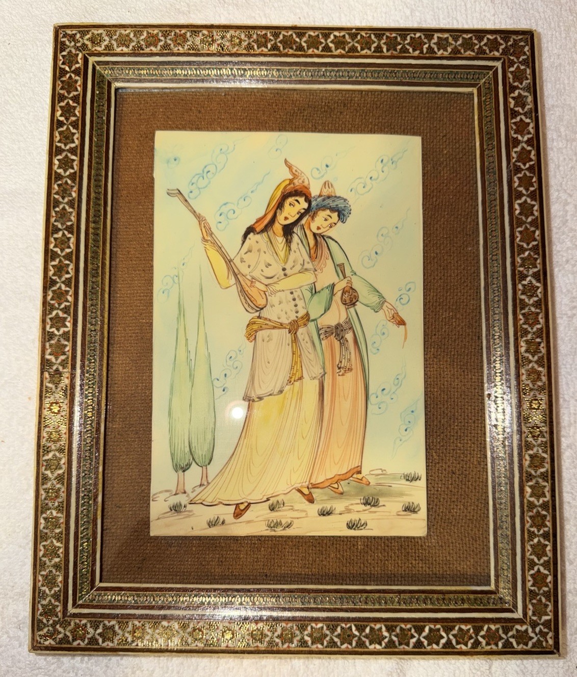 Antique Persian Art Miniature Hand painted Couple With Hand Inlaid Mosaic Frame